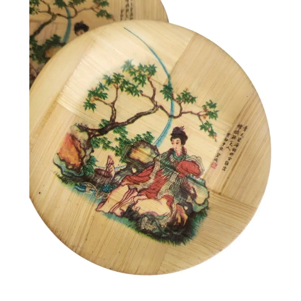 Set of 4 Vintage Chinese Bamboo Coasters Painted Traditional Woman Woven 80s